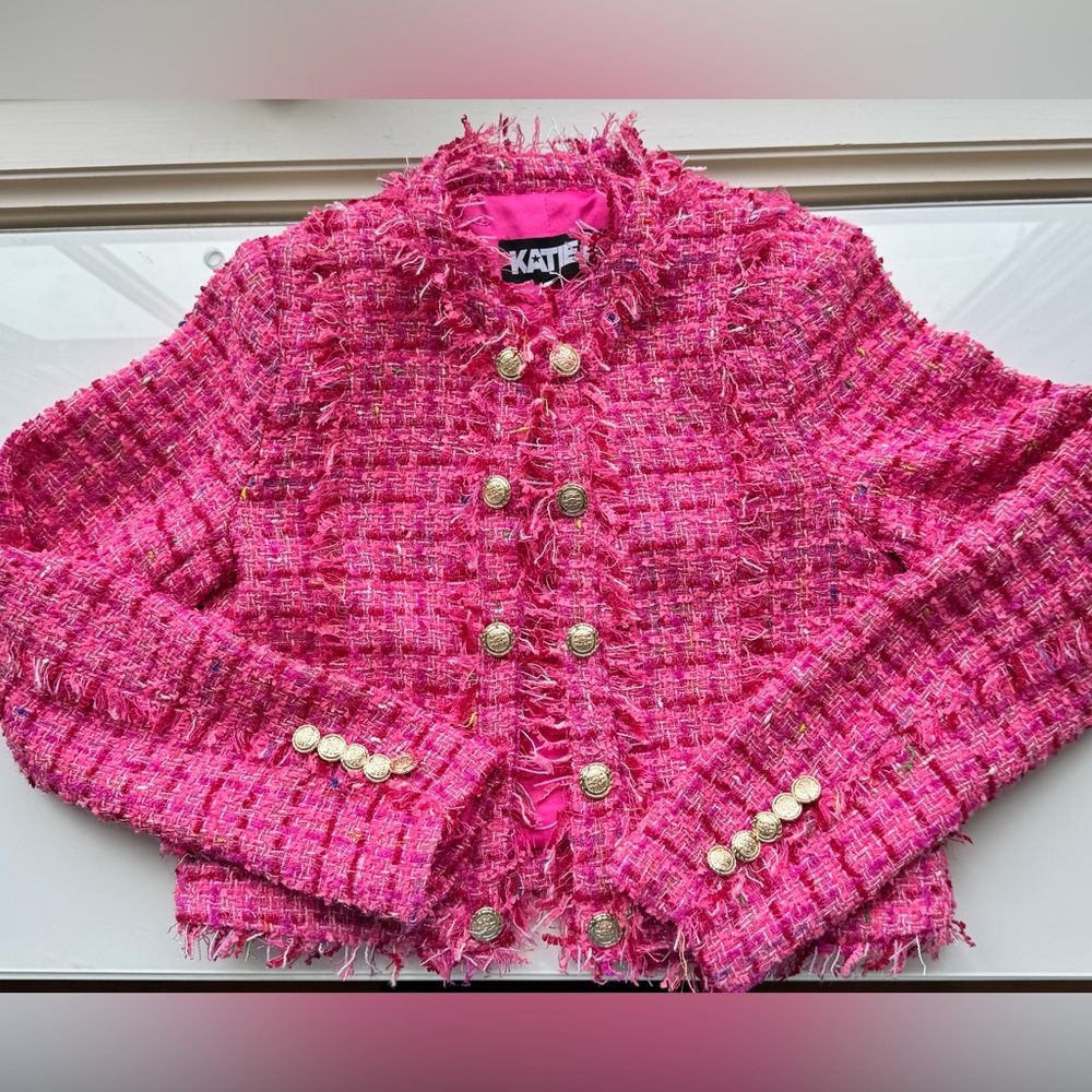 Katie J NYC Vibrant Pink Tweed Jacket with Gold Accents